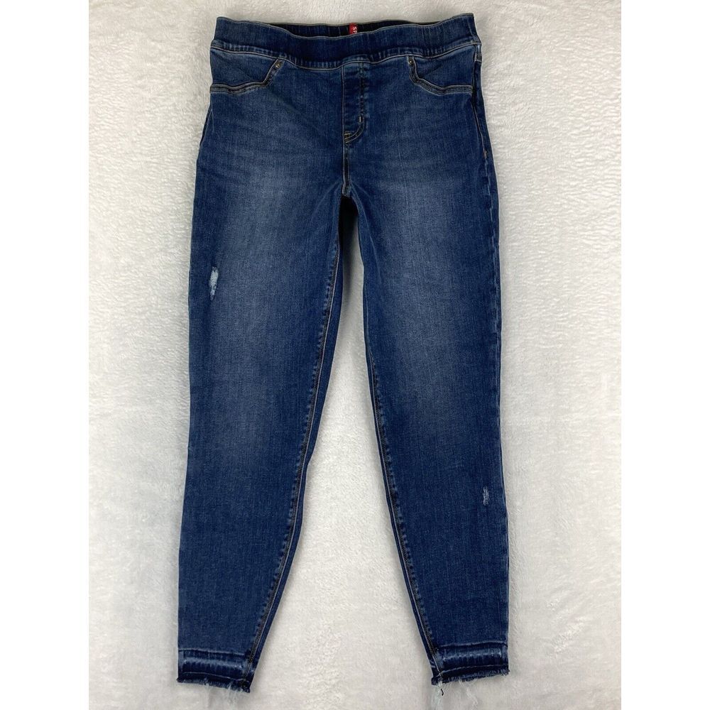 Spanx Jeans Womens XL/T Blue Pull On Elastic Waist‎ Tapered Raw Hem Denim Pants